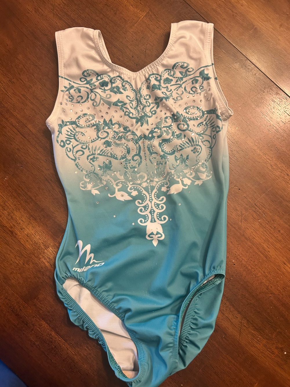 Milano Teal and White Ombre Girls Gymnastics Leotard with Rhinestone Accent